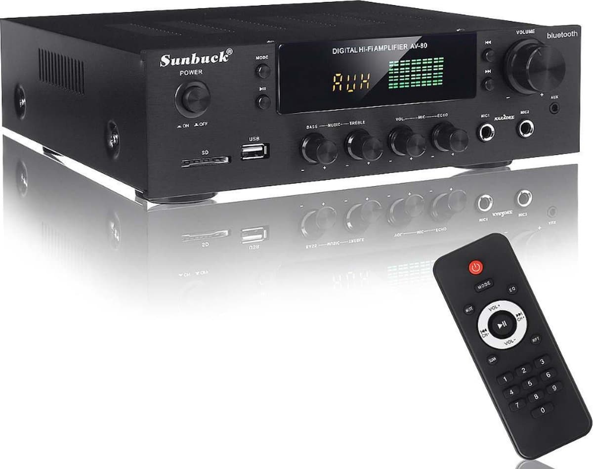 Sunbuck HiFi Versterker - SD/MP3/USB - Hifi Bluetooth Eindversterker - 2x Mic - CD/DVD - AUX - Speaker output- Incl. Afstandsbediening - 25 x 25 x 7cm - Zwart