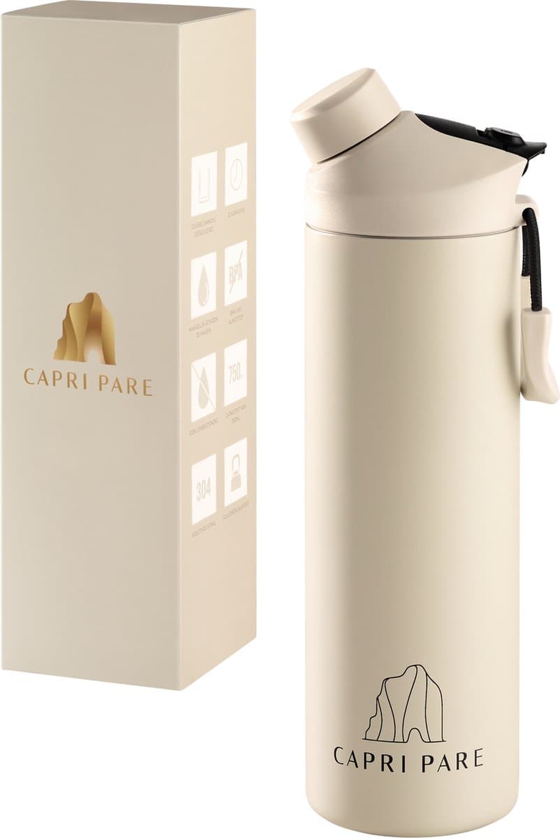CAPRI PARE Luxe Waterfles - 750ml - RVS - Beige - Waterfles met Rietje en Drinktuit - Dubbelwandig - Lekvrij - Magnetische dop - BPA-vrij - Drinkfles voor volwassenen en kinderen - Ideaal voor Sport - Insulated - Drinkflessen - Waterflessen