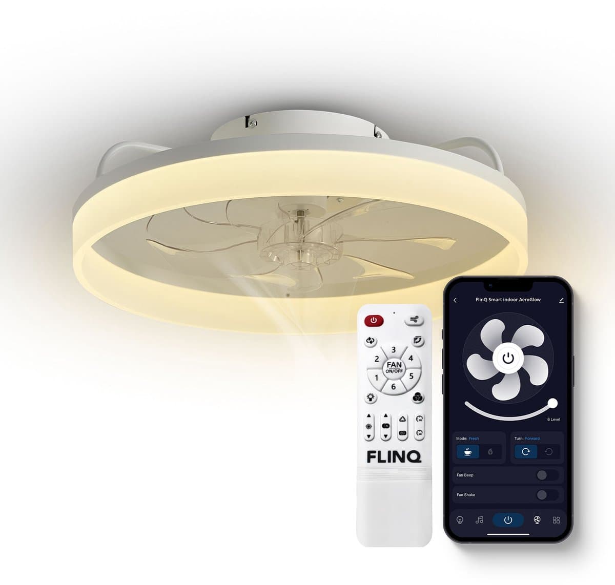 FlinQ AeroGlow Smart Plafondventilator met Verlichting - Ventilator voor aan het Plafond - Ideaal voor op de Slaapkamer - Bestuurbaar met App of Afstandsbediening - Wit