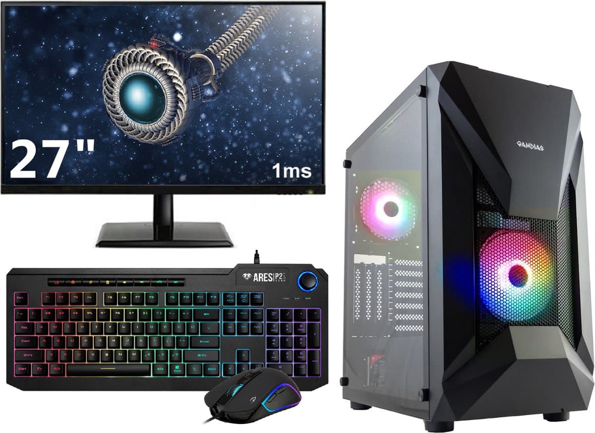 Complete Gaming PC Setup - 27" 144Hz Gaming Monitor, - Mechanical Keyboard (Blue Switches) en -Muis - Ryzen 5 6-Core - RTX 5050 8GB - 16GB - 1TB M.2 SSD - Athena Elite E1 - afbeelding 1