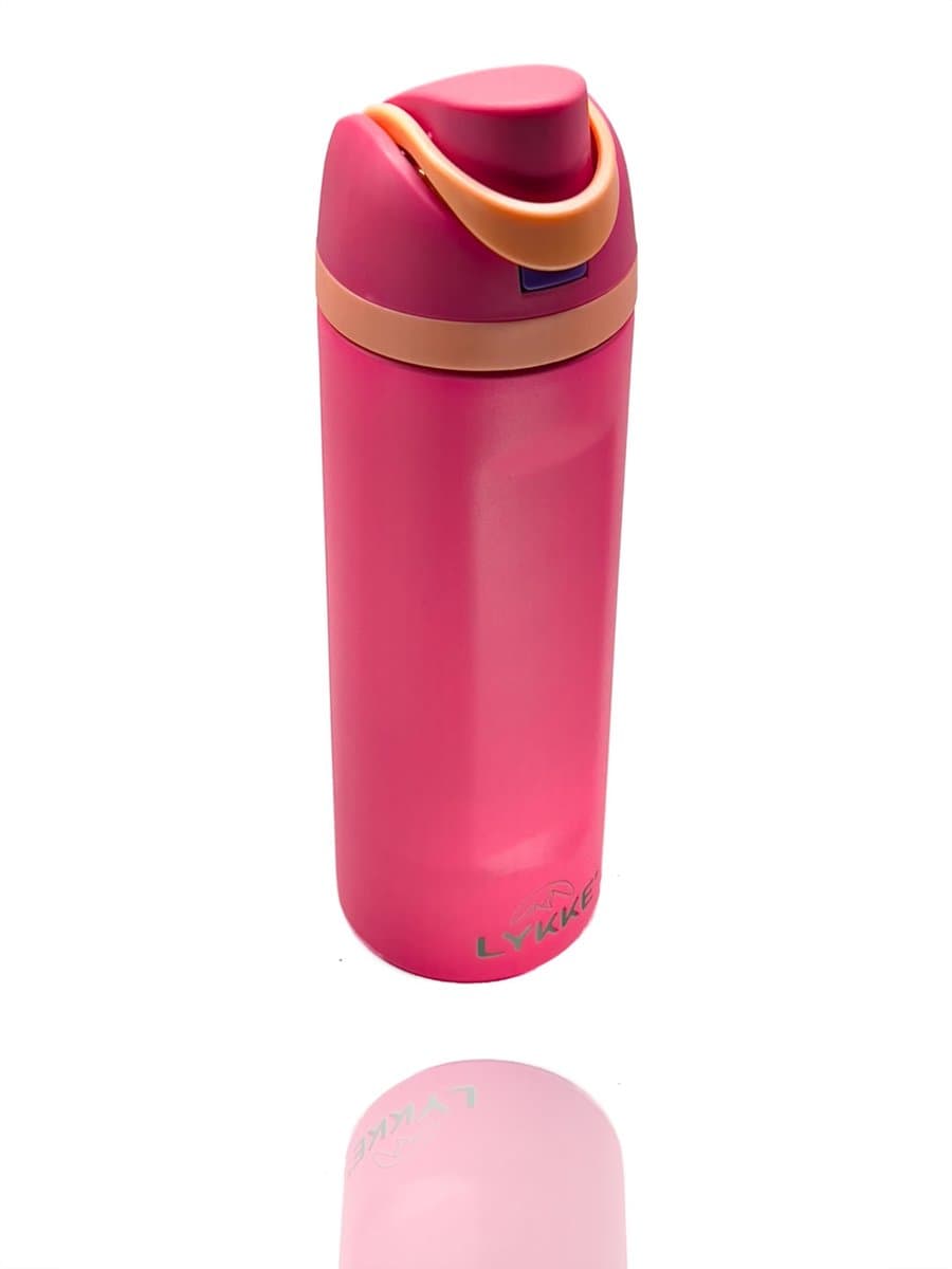LYKKE® Freesip 3 Laagse Lekvrij Geïsoleerde RVS-fles met rietje voor sport, reizen en school BPA-vrije sportwaterfles, 20 oz, 570 ML, Roze (Flamingo Pink)