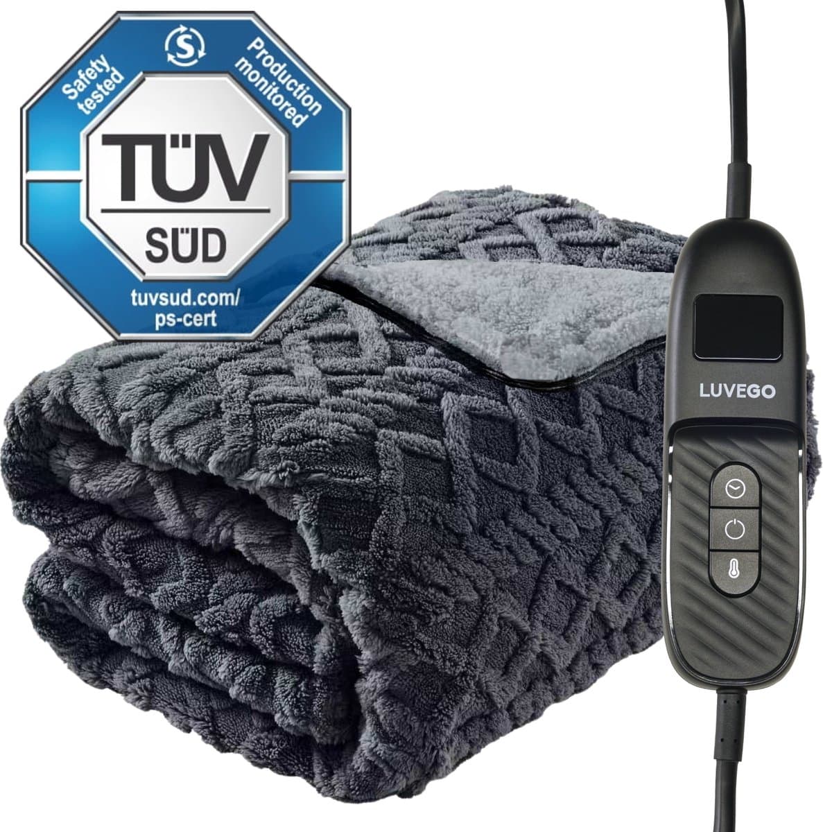 Luvego Elektrische Deken XL - Bovendeken & Warmtedeken - 180x130CM - 1 of 2 persoons - TÜV GS - Omslagdeken & Knuffeldeken - 9 Warmtestanden met Timer - 160W - Wasbaar - Verwarmingsdeken Fleece Plaid - Grijs