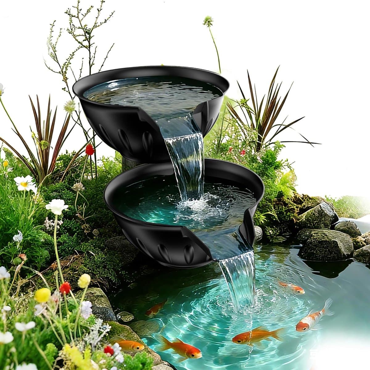 POPOSOAP Overloop-schaal en-bekken fonteinset-overloopfontein met 2500 l/u vijverpomp voor watervallen-doe-het-zelf waterornament voor binnen en buiten(vijver/tuin)