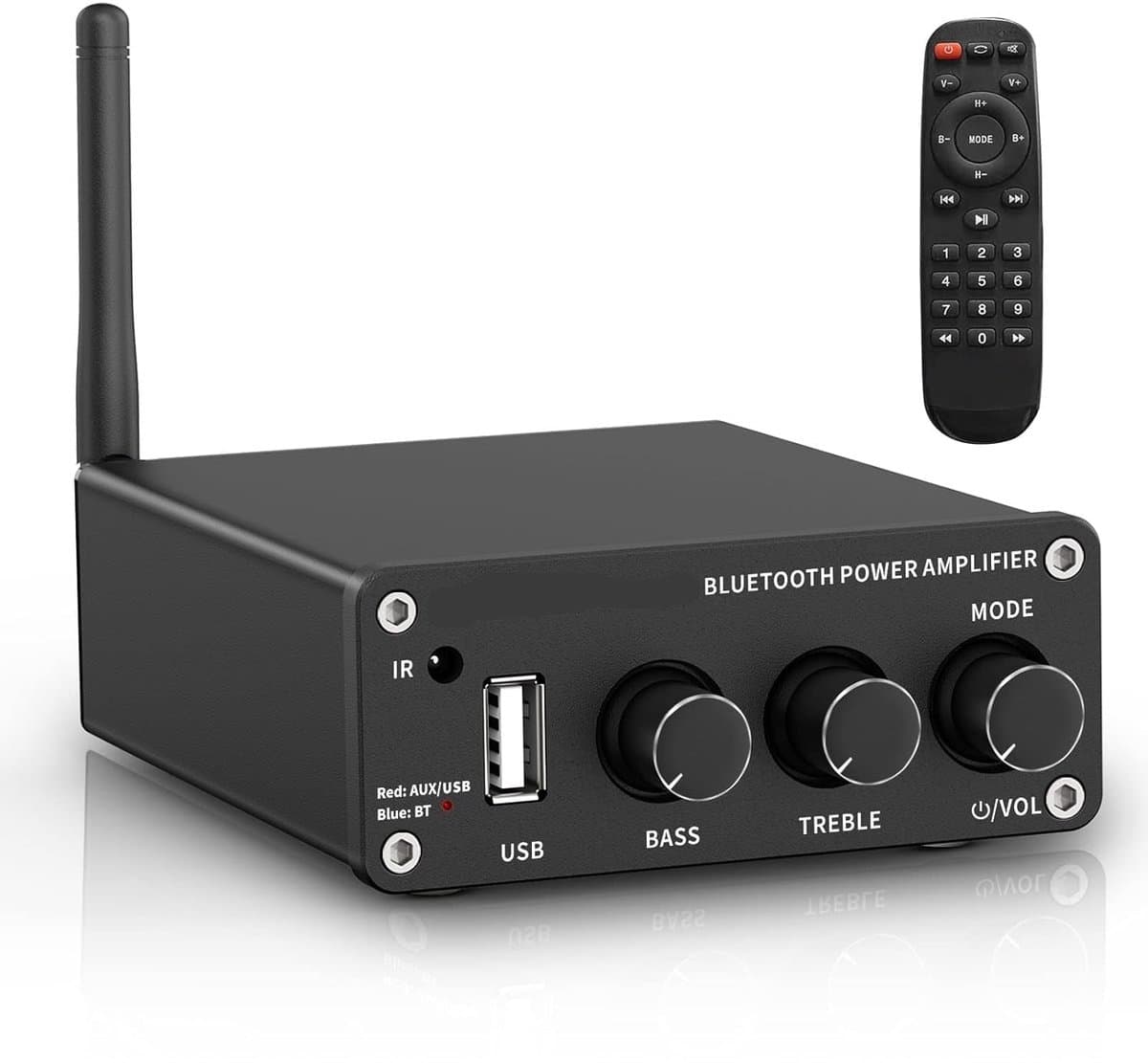 Mini Versterker - Versterker HiFi - voor Passieve Luidsprekers - met Treble - Bass Controle - Bluetooth 5.0 - AUX - U-Schijf - 200W - 92dB - 11.99 x 8.99 x 3 cm - Zwart