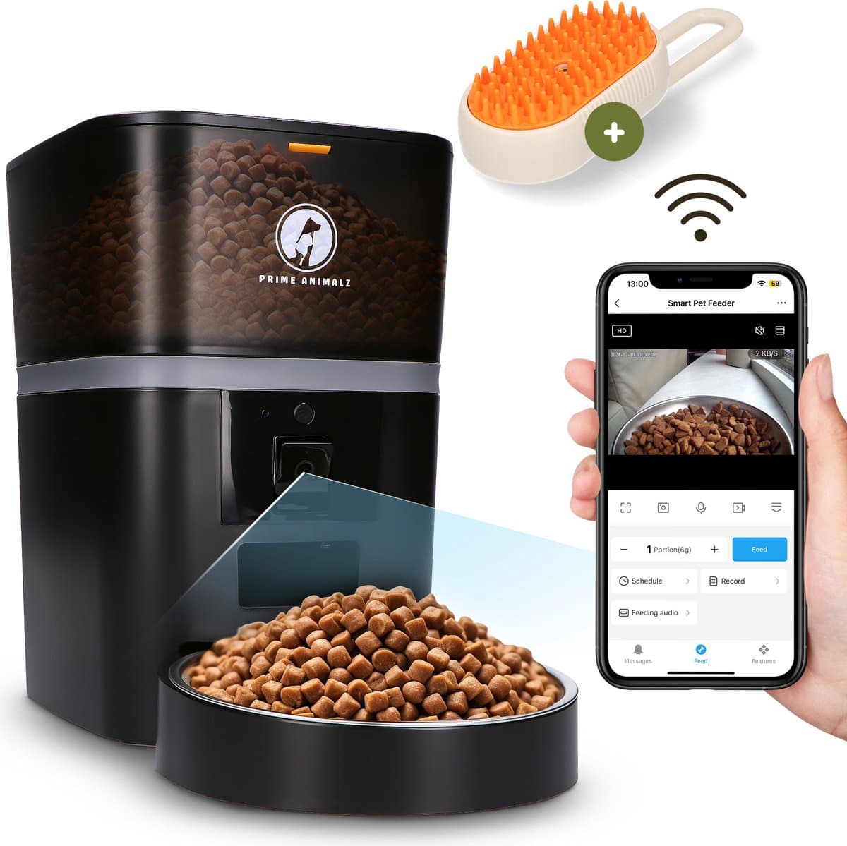 Automatische Voerbak Kat en Hond 4L met Stoomborstel – Voerautomaat met Camera – Full HD 1080P Night Vision – Two-Way Audio – Enkele Voerbak – App-bediening – Voerschema Instellen – Kattenvoerbak Automatisch – Smart Pet Feeder – Prime AnimalZ – Zwart