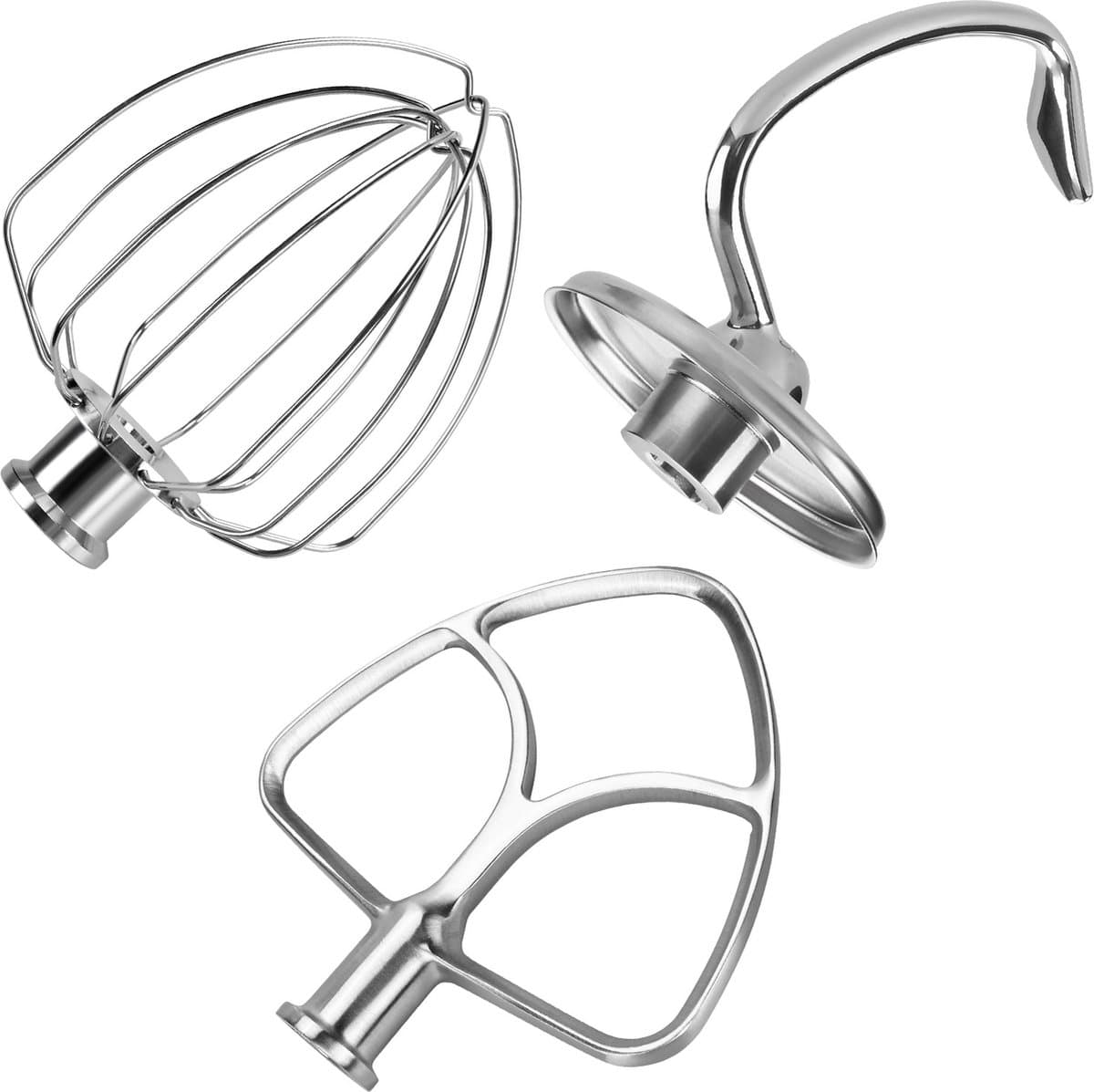 Roestvrijstalen 3-Delige Accessoireset voor KitchenAid 4.3, 4.7/4.8L Tilt-Head Stand Mixers Artisan & Classic Series van MMOBIEL - K45 6-Draads Garde, Platte Mixer en Deeghaak – Vaatwasmachinebestendig