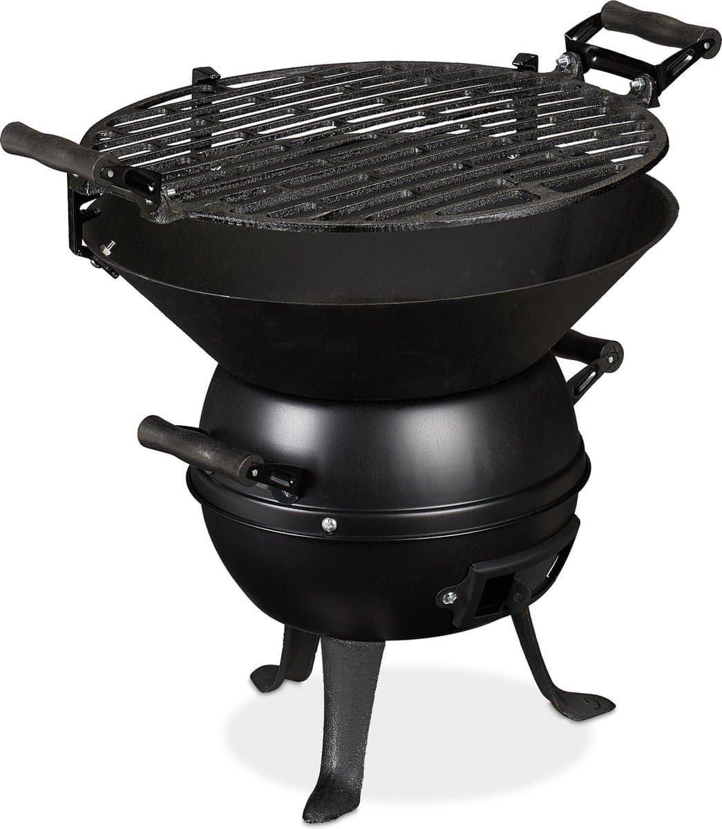 houtskool barbecue - gietijzer en staal - hoogte verstelbaar - draagbaar - rooster Ø 35 cm - zwart