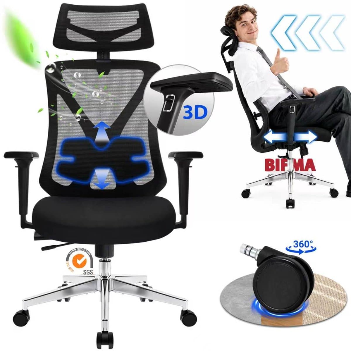 Durrafy Ergonomische Bureaustoel 200 kg - NEN-EN1335 Gecertificeerd - Bureaustoelen voor Volwassenen - Office Chair - Computerstoel met 2D Hoofdsteun, 3D Armleuningen, Lendensteun, Zitdiepteverstelling en Ademend Mesh - Zwart