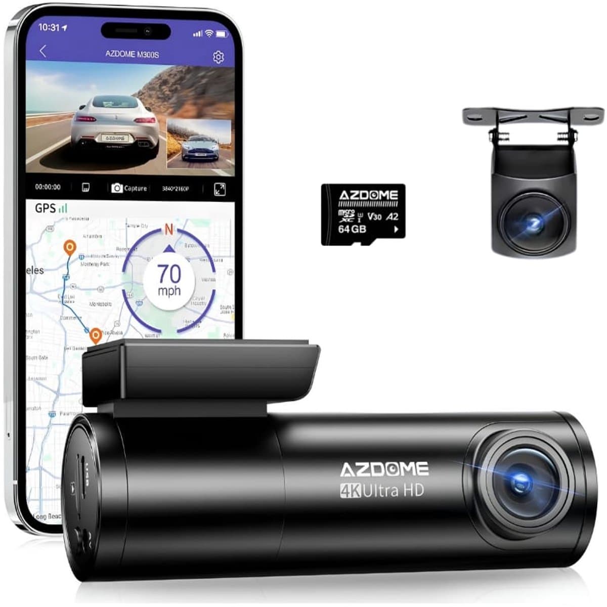 AZDome M300S 2CH 4K Wifi Gps dashcam voor auto - 4K + Full HD resolutie - Night vision - Parkeerbeveiliging - 64gb Micro SD kaart - 170 + 140 graden kijkhoek - Nachtzicht