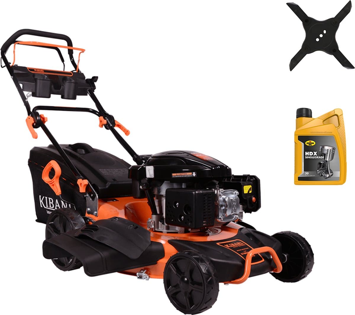 Kibani Benzine Grasmaaier - 196 cc / 4.7 pk 4-takt Motor – Extra Cross Blade & 4T Olie Bonus – Maaibreedte 53 cm – 8 Instelbare Maaihoogtes – Incl. 62L Opvangbak – Mulchfunctie