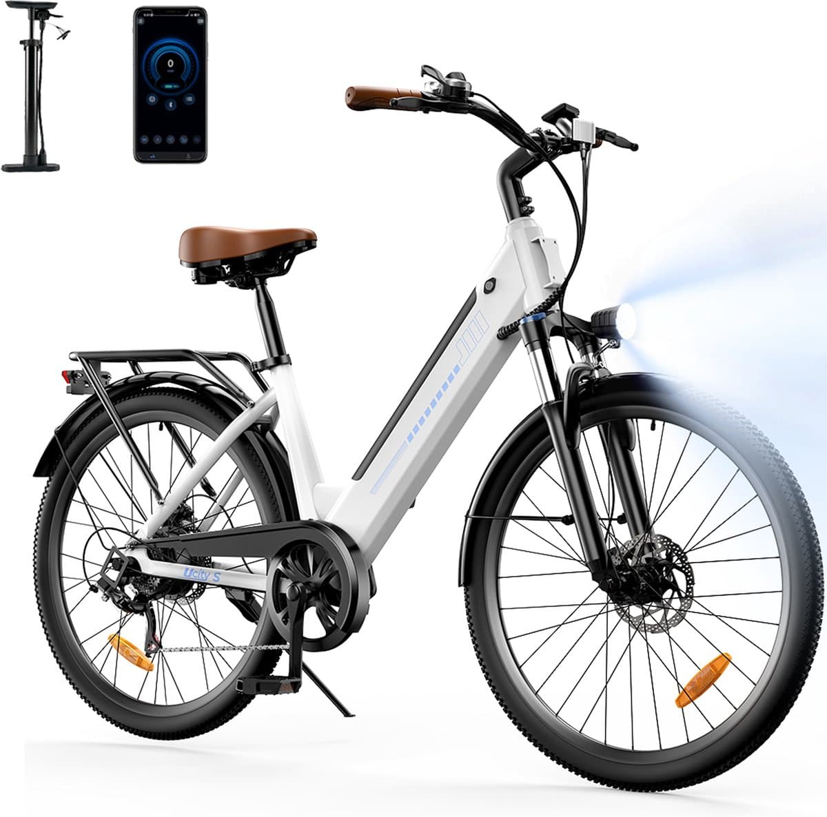 iScooter Elektrische Fiets UcityS 26" Wit – Elektrische Mountainbike met Shimano 7 versnellingen, verwijderbare 36V 13Ah accu, 6/10/15/20/25 km/u, dubbele schijfremmen, app-ondersteuning & LCD-scherm – Ideaal voor woon-werkverkeer en stadsritten