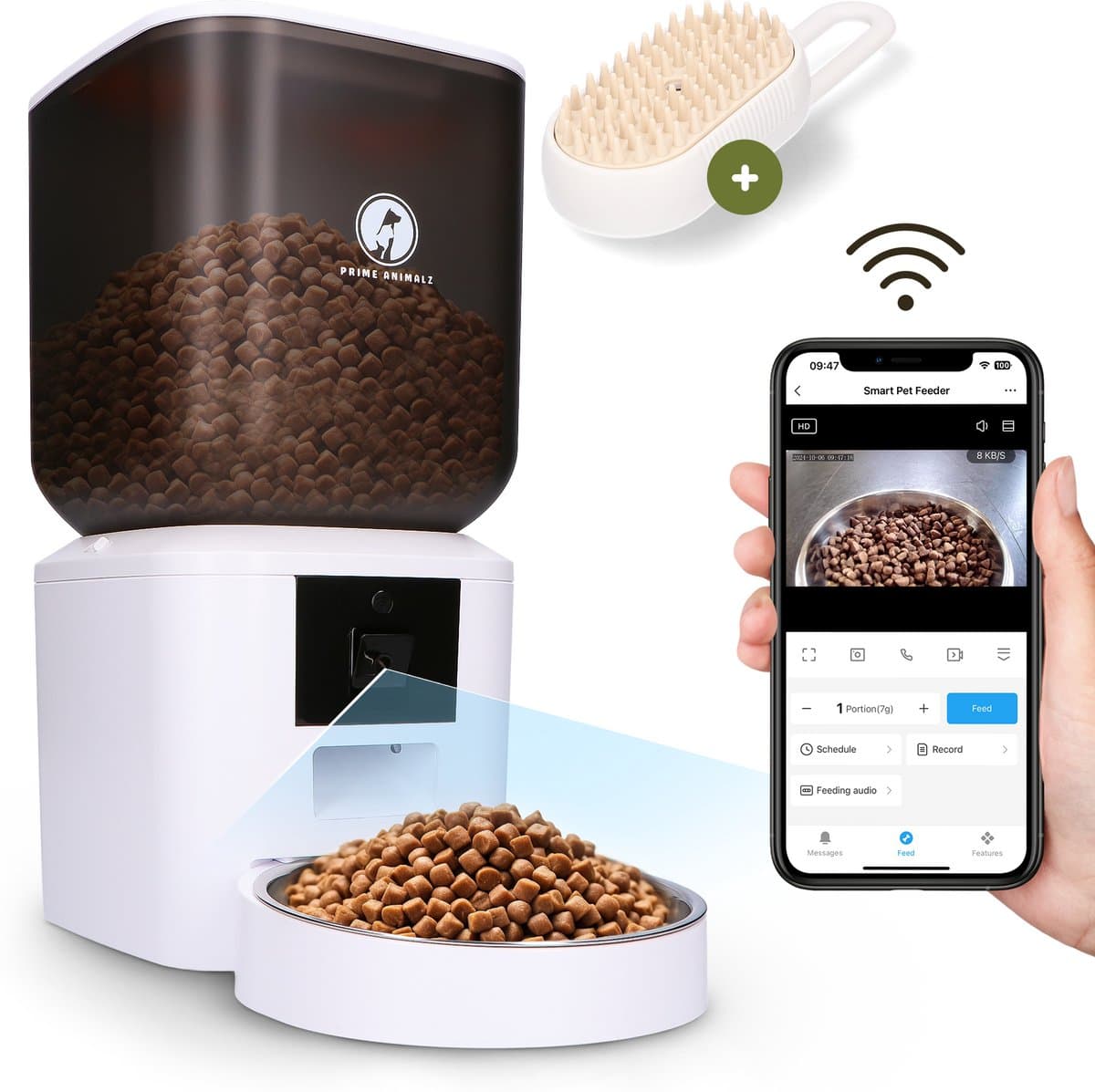 Automatische Voerbak Kat en Hond 7L – Voerautomaat met Camera – Full HD 1080P – Two-Way Audio – Enkele Voederbak – Slimme Voerdispenser – App-bediening – Voerschema Instellen – Kattenvoerbak Automatisch – Smart Pet Feeder – Prime AnimalZ – Wit