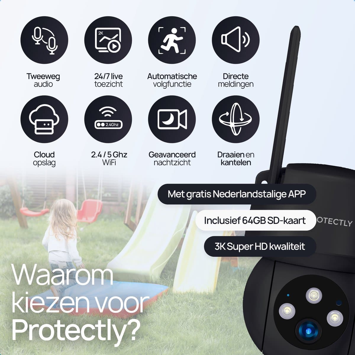 Protectly Beveiligingscamera Buiten 3K HD 5MP met 64GB SD - afbeelding 1