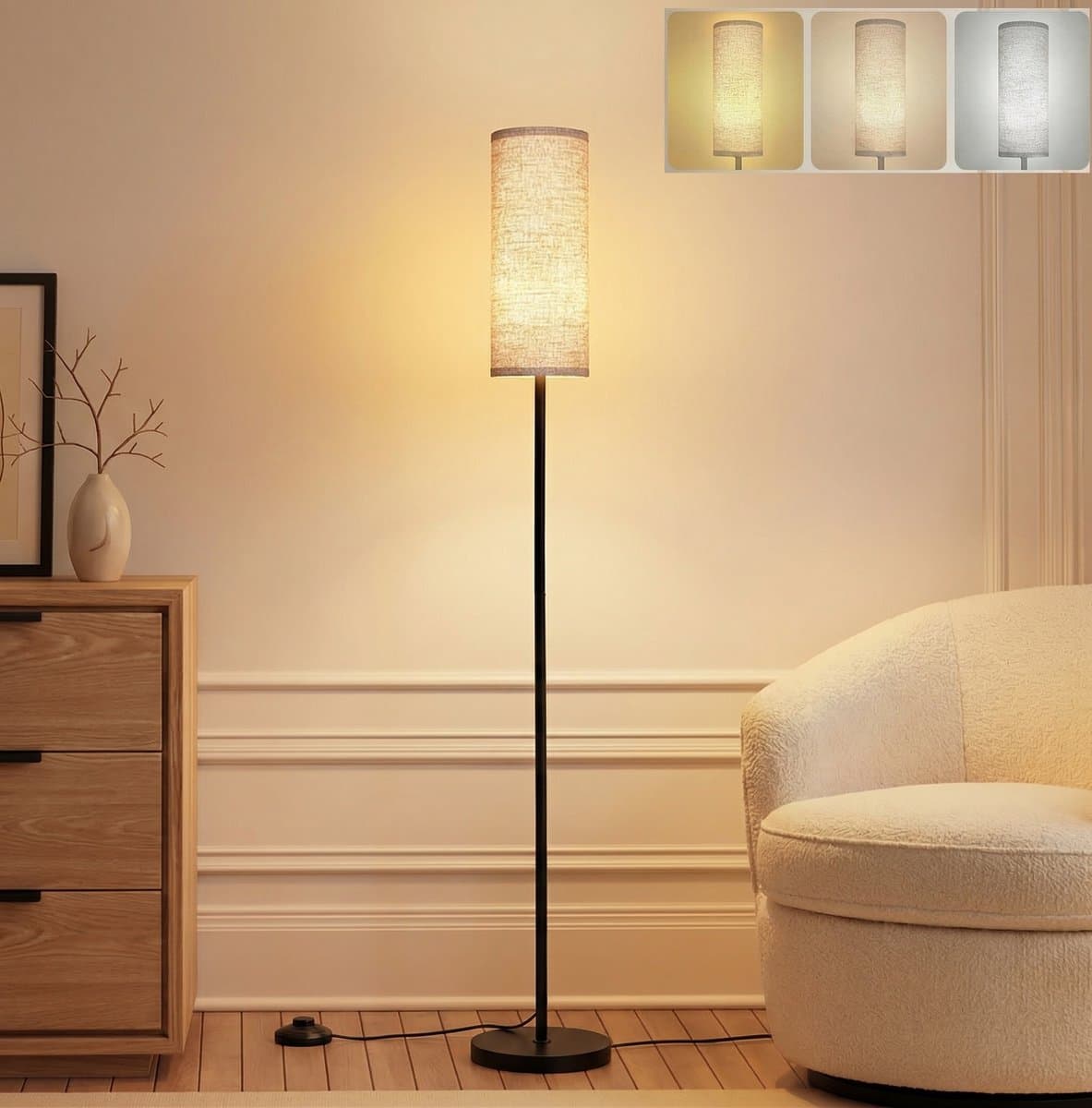 MUPOO Scandinavisch Vloerlamp met Linnen Kap 173cm- Hoeklamp Ruimtebesparend -Incl 3-Kleuren Staande Lamp- Voetschakelaar -voor Woonkamer & Kantoor