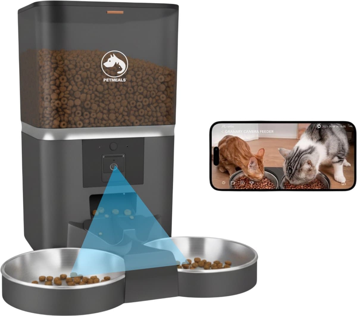 PetMeals® Automatische Voerbak Kat en Hond - Twee Voerbakken - met App en Camera - 6 L - Zwart