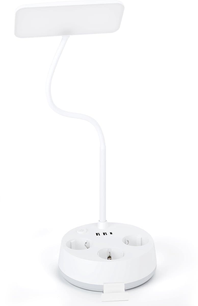 Aigostar 1043R - LED Bureaulamp Dimbaar - 3 Stopcontacten - 3 USB Poorten - Leeslamp - Bedlamp - LED Desk Lamp - Touch Control - 4.6 W - Wit