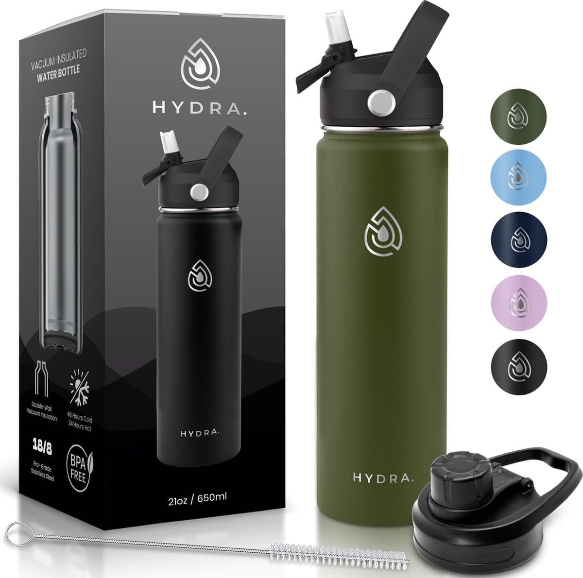 Hydra Essentials RVS Drinkfles 650ml - Dubbelwandig, 24u warm/koud