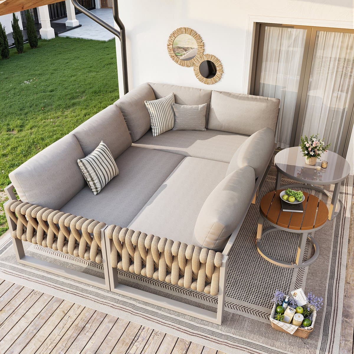 OKWISH Tuinloungeset 5 Tot 6 Personen - Modulair Met Verstelbare Tafelpoten - Balkon Tuin Terras - Metaal Olefin - Beige
