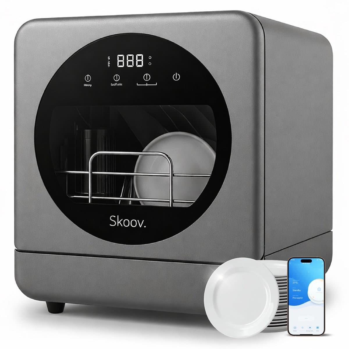 Skoov Mini Vaatwasser met waterreservoir - 3 couverts - 7 wasprogramma's - Kleine smalle vrijstaande afwasmachine - Camping - Grijs