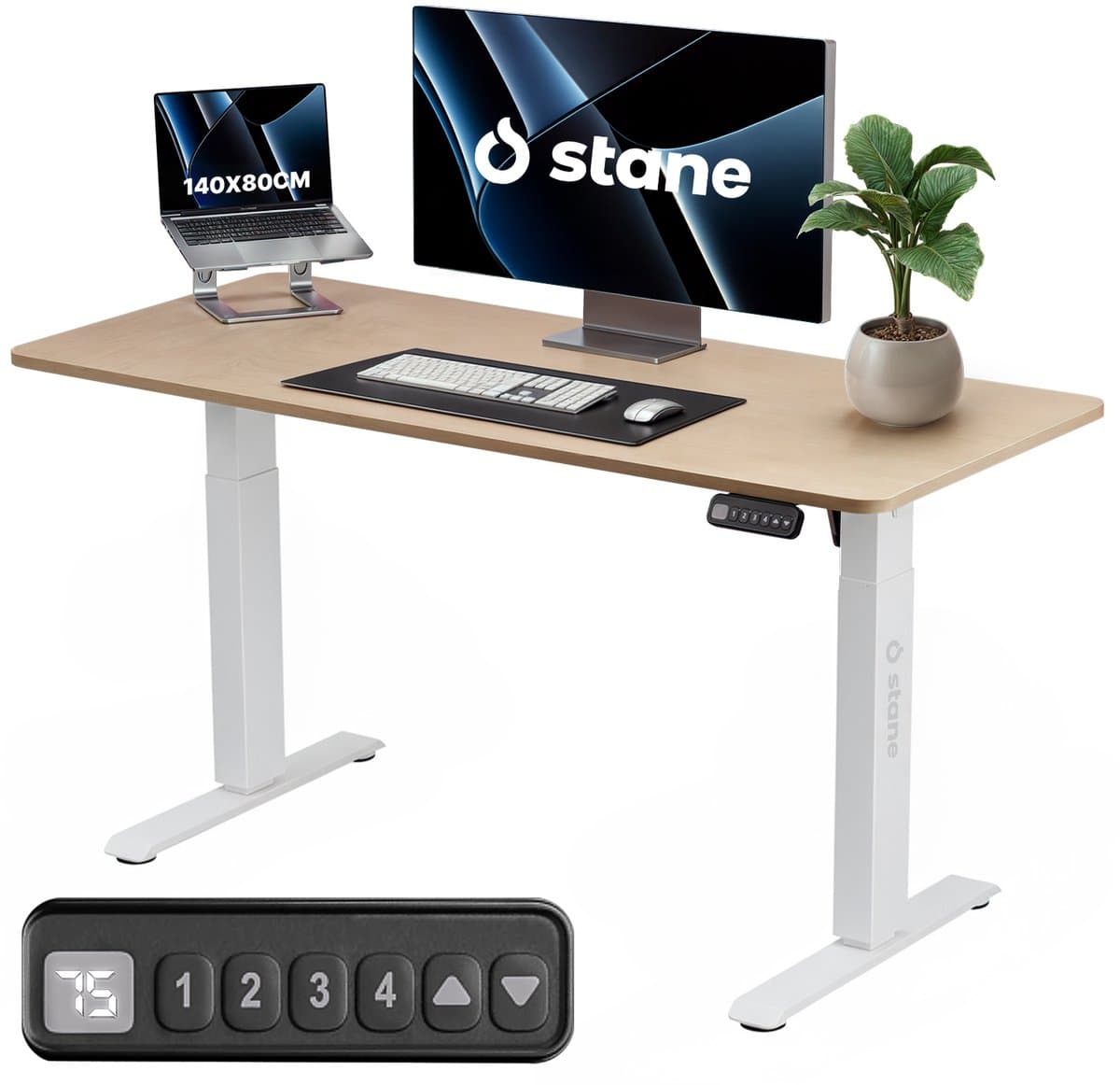 Stane Zit Sta Bureau Elektrisch Verstelbaar - 4 Geheugen Standen - Incl. Kabelgoot - 140 x 80 cm - Eiken blad, Wit Frame