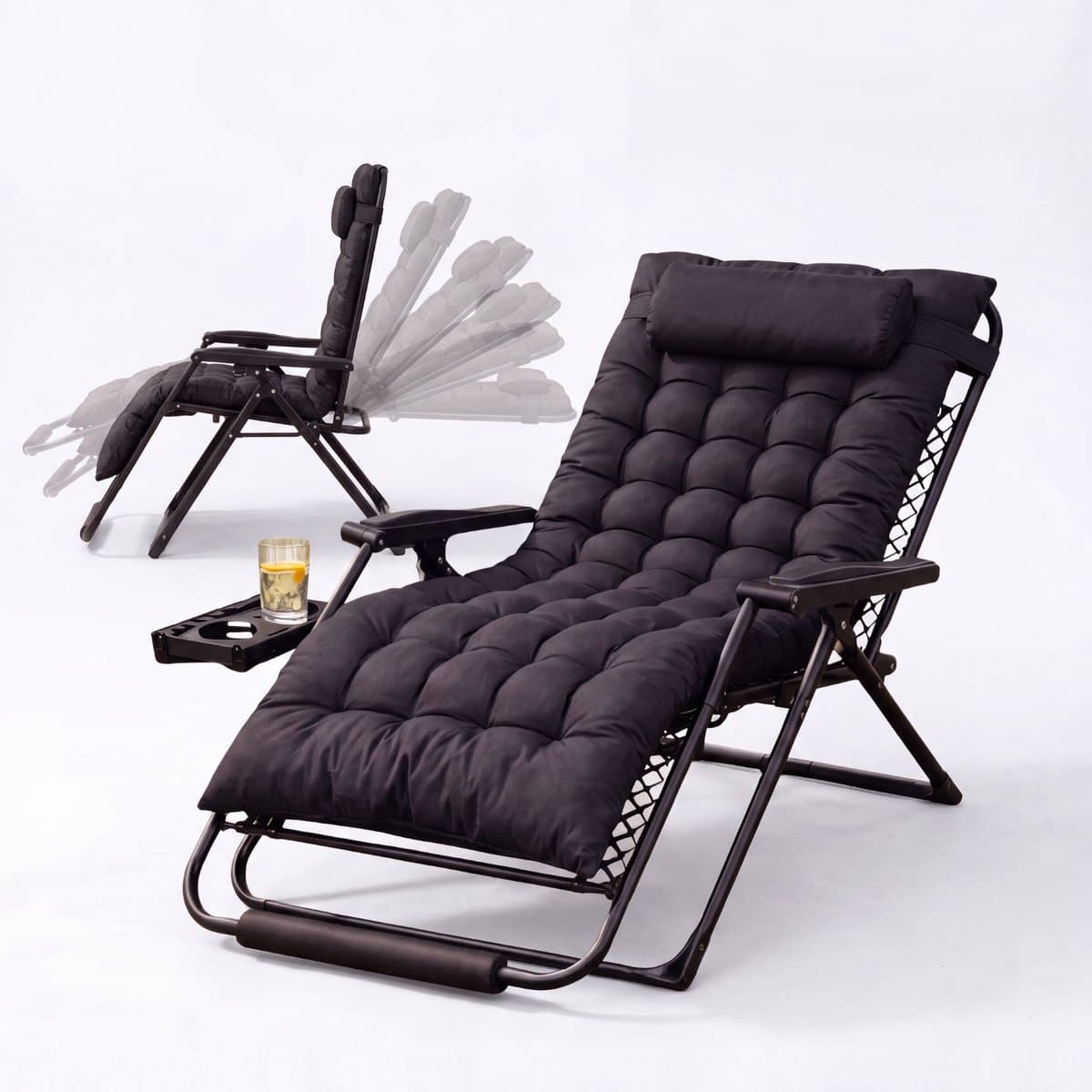 FlinQ 2x XL Relax Tuinstoelen Cloud Comfort Deluxe - Verstelbare Zero Gravity Relaxstoel - Extra breed - Extra dikke kussens - Hoofdkussen & Bekerhouder/Tafeltje - Ligstoel - Tuinmeubelen - Ideale Campingstoel - Ook voor Tuin of Balkon