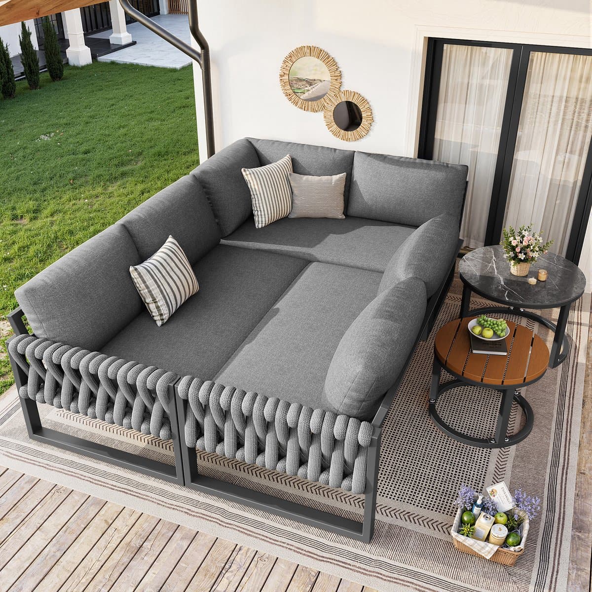 OKWISH Modulaire Tuinlounge Set Voor 5 Tot 6 Personen - Verstelbare Tafelpoten - Balkon Tuin Terras - Olefin - Grijs