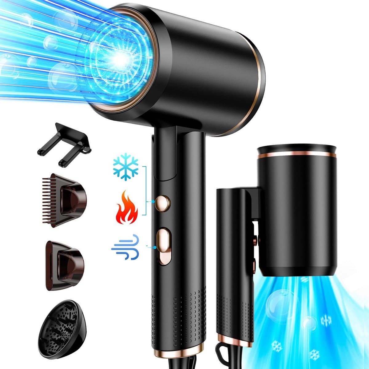 ibettertec - Fohn - Haardroger Ionen - Vouwbare - 2400 W - met 3 stylingmondstukken en 6 temperatuurinstellingen - opvouwbare haardroger - Zwart