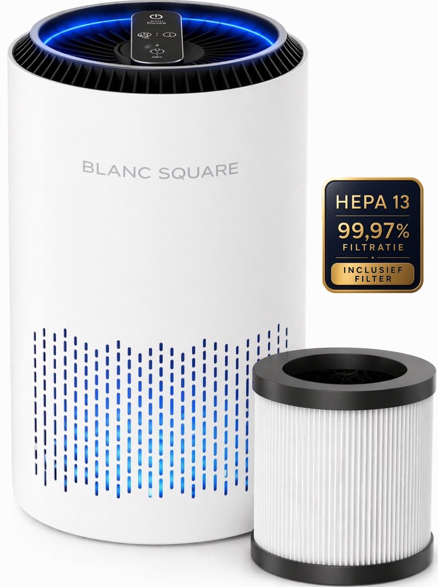 BLANC SQUARE Luchtreiniger Air Purifier PRO - Met HEPA 13 + Koolstof filter - CADR 170m³/h 30m² - Filtert Fijnstof, Hooikoorts, Pollen en Huisstofmijtallergenen - Clean Air - Slaapkamer Stand - afbeelding 1