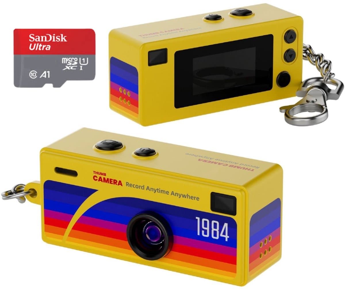 Cadeaus Retro Sleutelhanger Duimcamera Tasbedel Mini Duimcamera Sleutelhanger met 1080P HD Video-opname Rugzak CCD Digitale Camera - Geel + SD kaart