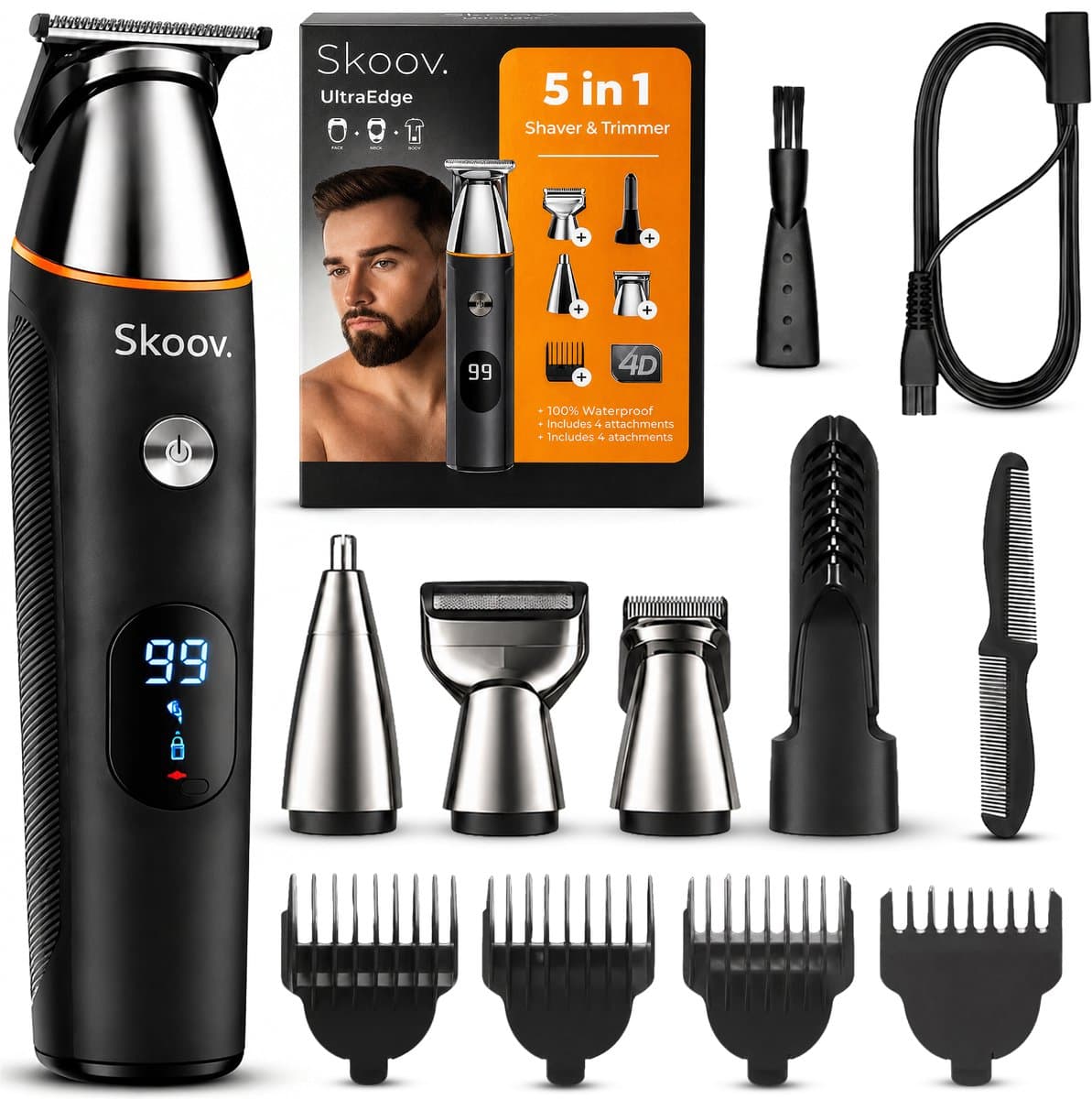UltraEdge Trimmer voor mannen - 5 in 1 Lichaam & Baard - Incl. hulpstukken - Bodygroomer - Scheer apparaat - Voor lichaam, schaamstreek en gezicht - Skoov