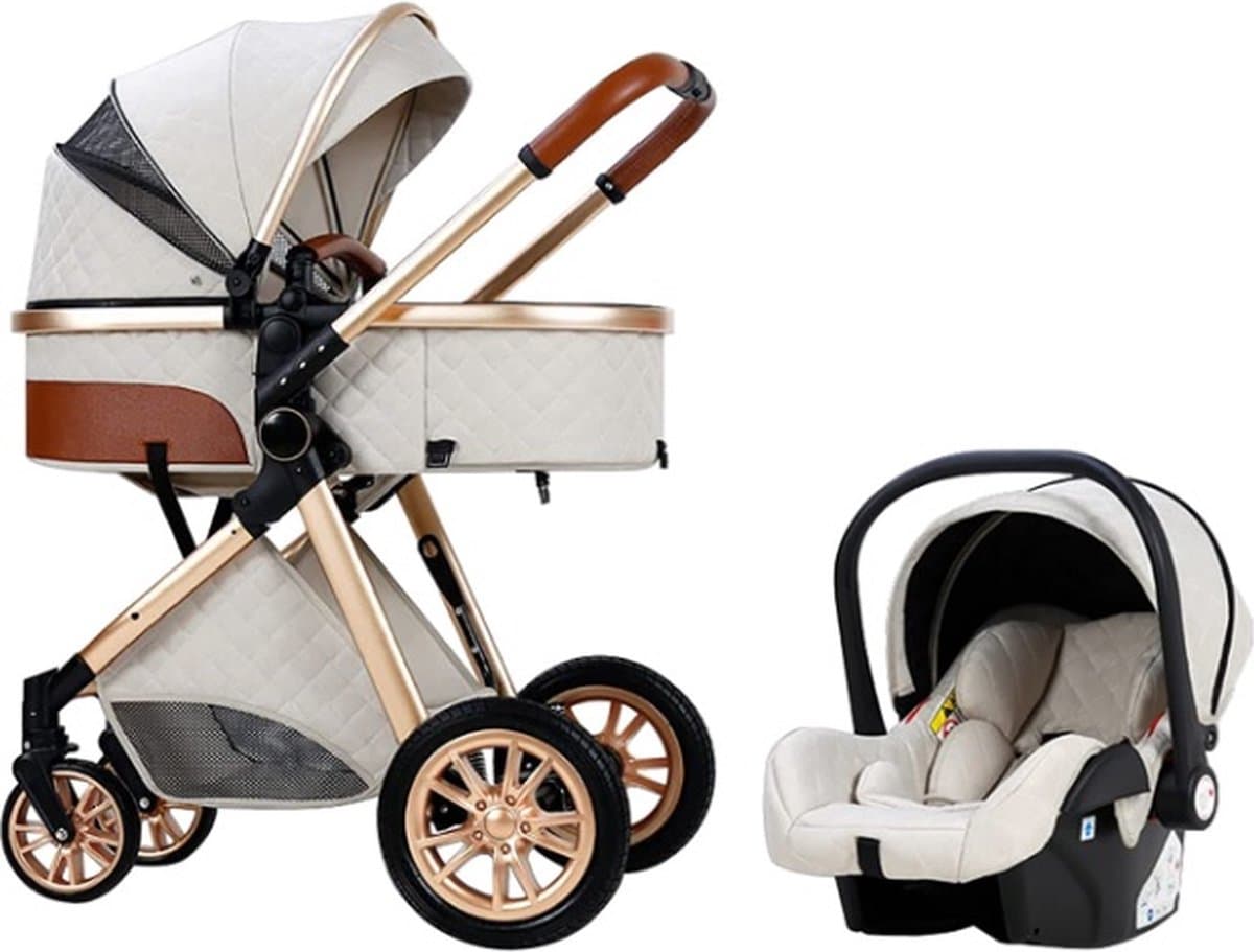 Luxe Kinderwagen 3 in 1 - Wandelwagen - Kinderwagen - Met Autostoel - Kinderwagen – Buggy 3 in 1 - Wit