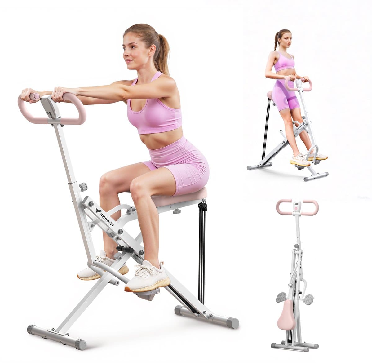 MERACH Fitnessapparaat - Paardrijstype - Verstelbare weerstand - LCD-scherm - Maximaal gewicht 160 kg - Opvouwbaar - Voor buik/benen/rug - Wit