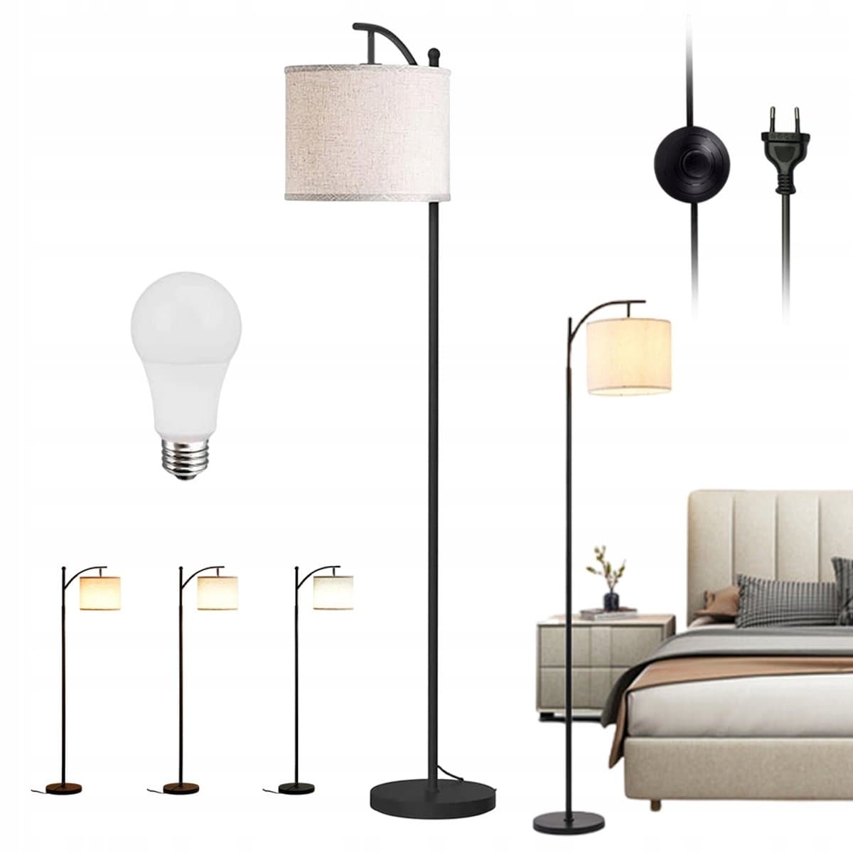 Vloerlamp - Staande Lamp - 175cm Metalen Frame - Met Drie Lichtstanden & Voetschakelaar - Zachte Stof Kap - Voor Sfeerverlichting in Woonkamer & Slaapkamer
