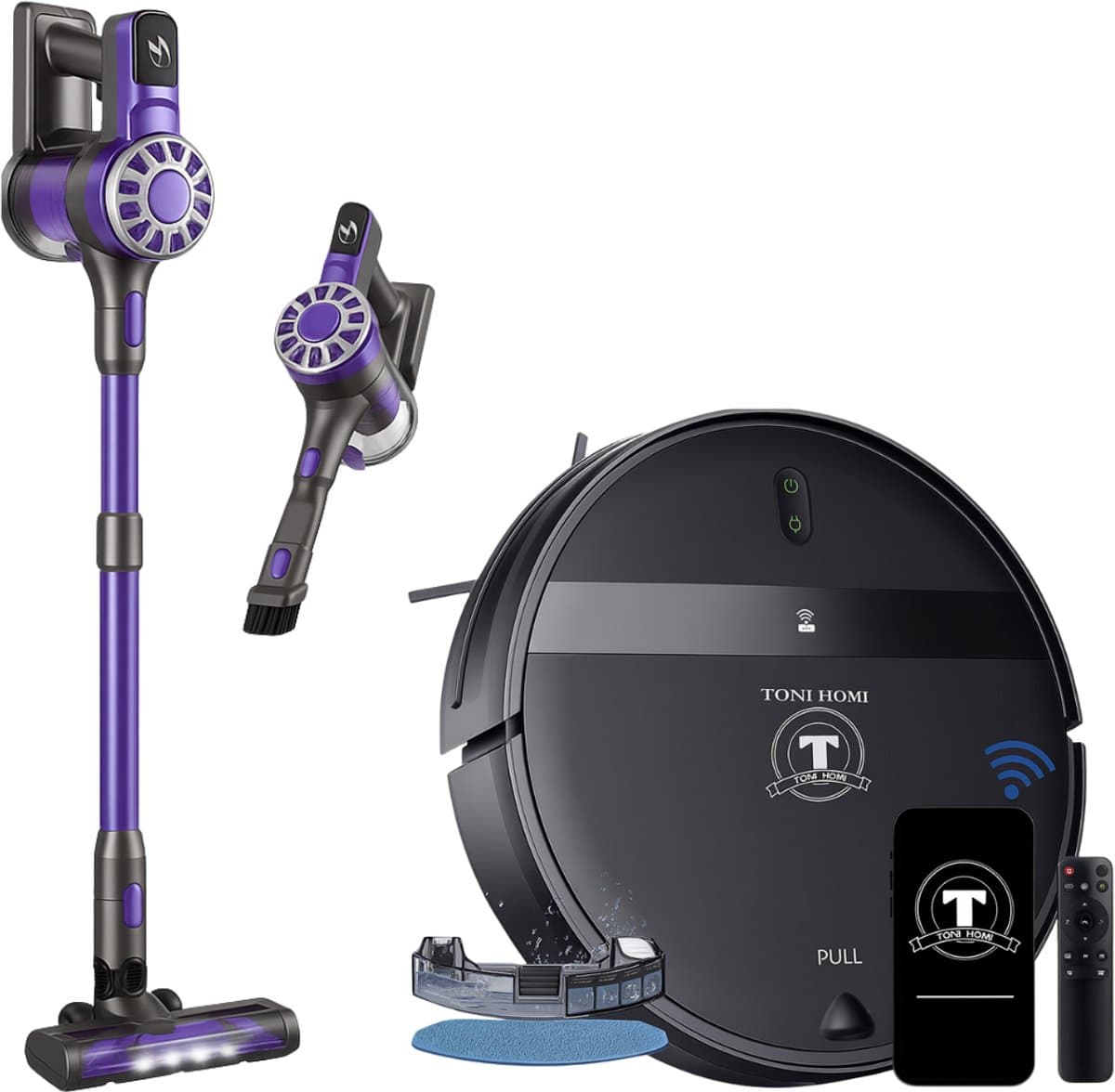 TONIHOMI® G20 + V07 - Combi deal Robotstofzuiger met dweilfunctie en steelstofzuiger - Automatisch opladen - Robotstofzuiger met app - Robotstofzuiger huisdieren - Dweilrobot - Zwart