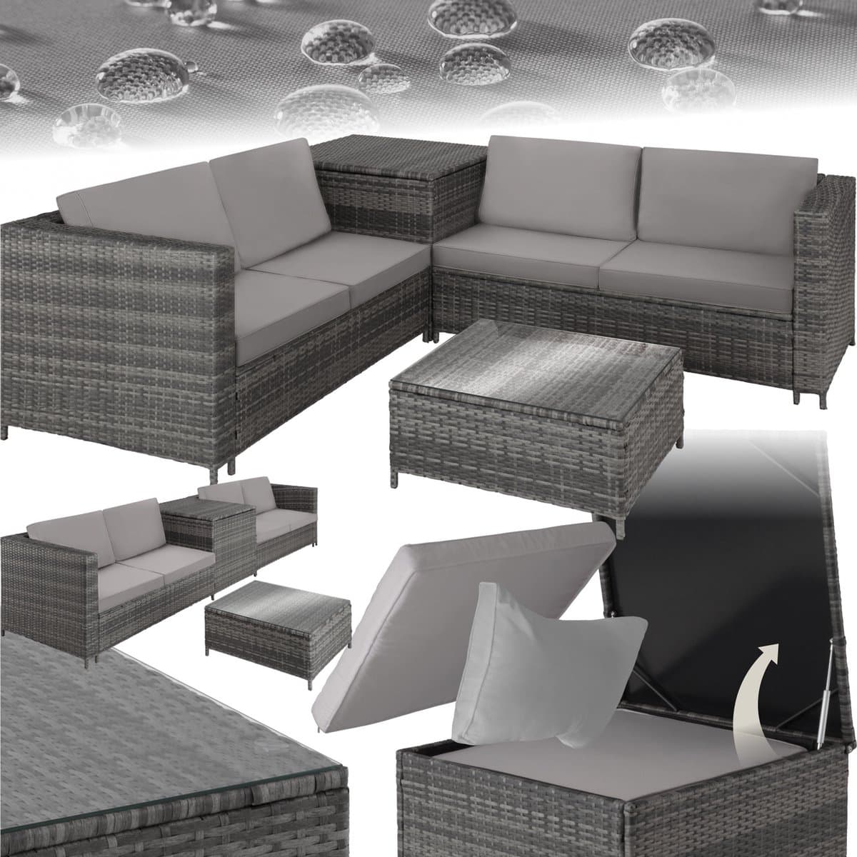 tectake® Wicker zitgroep - Tuinmeubelset - 2 banken met extra dikke kussens - Tafel met glazen blad - Tuinmeubelen voor terras - Tuin - Balkon - Buitenmeubels - Inclusief opbergbox - Maximale belasting bank 200 kg en tafel 45 kg - Grijs