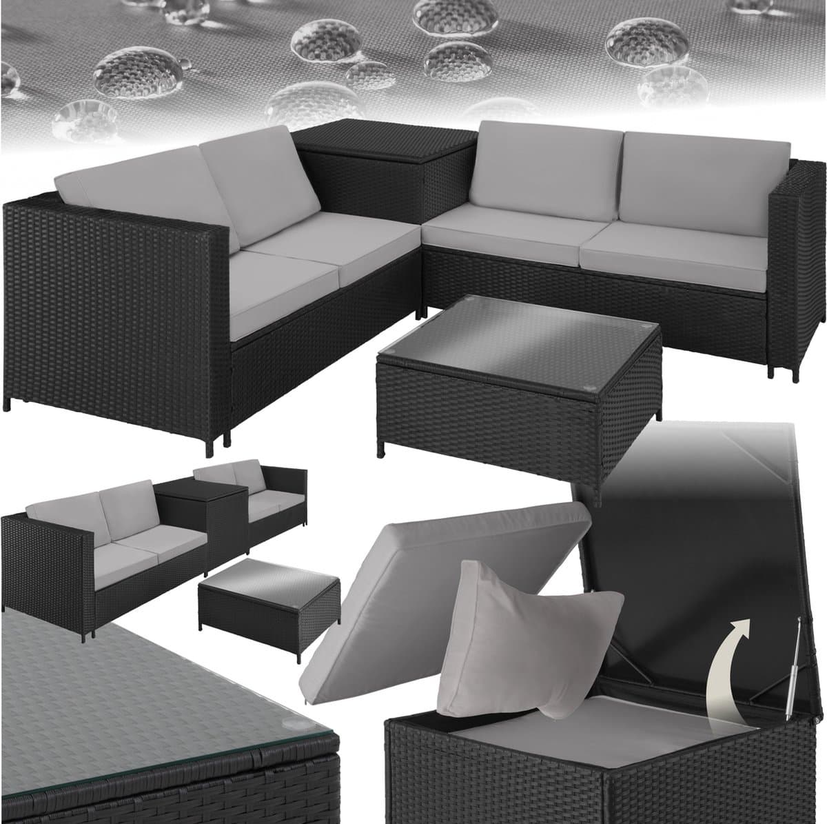 tectake® Wicker zitgroep - Tuinmeubelset - 2 banken met extra dikke kussens - Tafel met glazen blad - Tuinmeubelen voor terras - Tuin - Balkon - Buitenmeubels - Inclusief opbergbox - Maximale belasting bank 200 kg en tafel 45 kg - Zwart - afbeelding 1