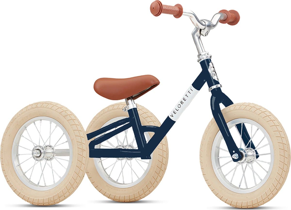 Veloretti Driewieler 2 in 1 Loopfiets met zijwieltjes - 1.5 t/m 4 jaar - 12 inch - Donkerblauw