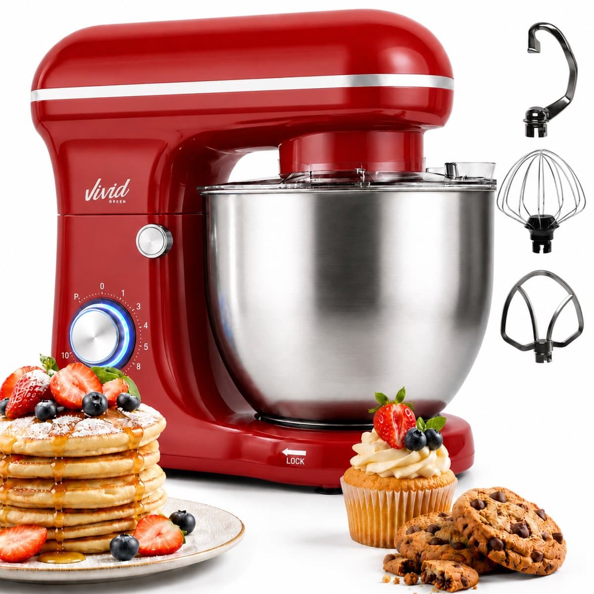 Vivid Green 1500W Keukenmixer - 5L Mengkom - 10 Snelheden - Keukenmachine - Keukenrobot - Rood