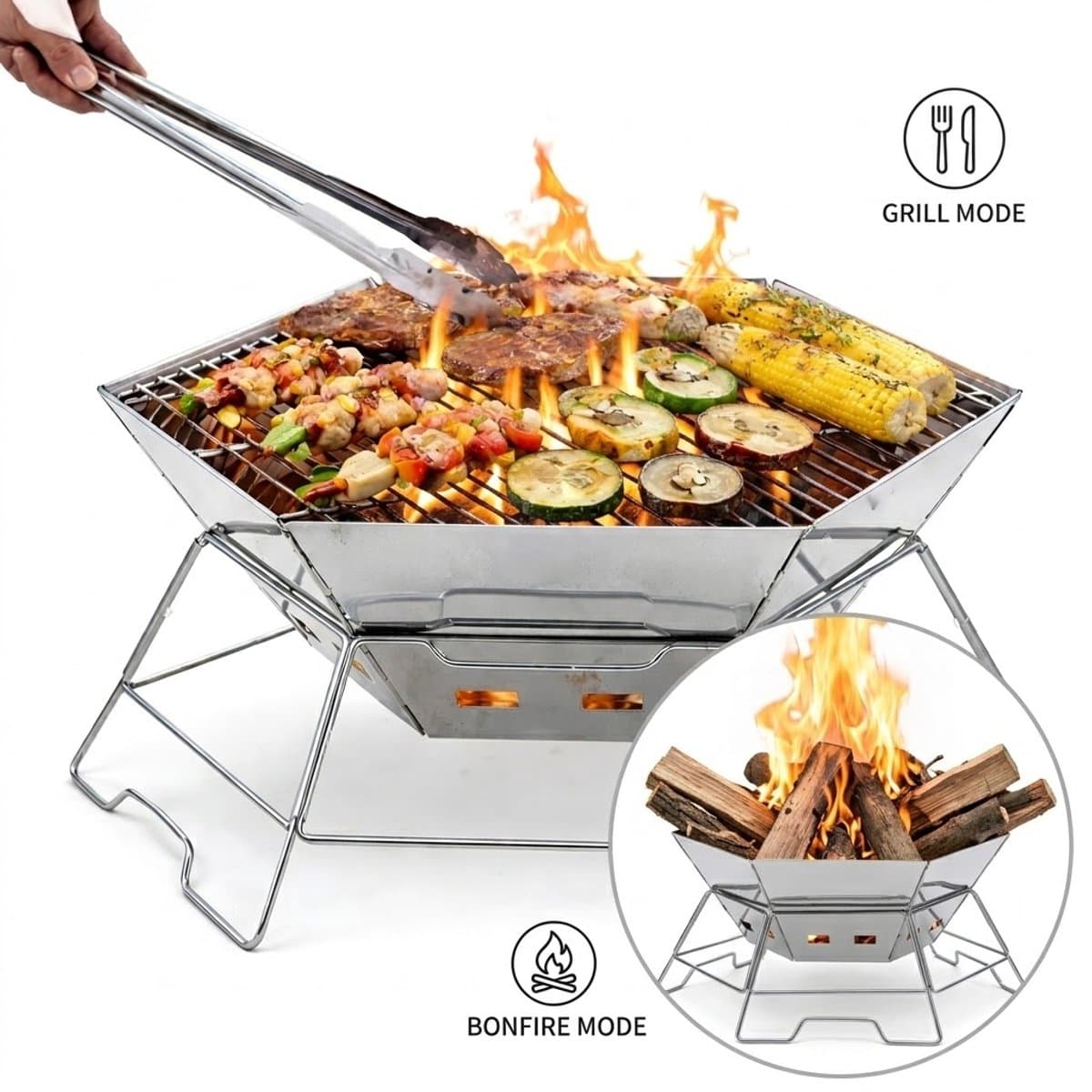 Opvouwbare Houtskool BBQ & Vuurplaats – RVS Camping Barbecue – Draagbaar & Stevig – Groot Formaat – Voor BBQ, Kampvuur & Outdoor Koken