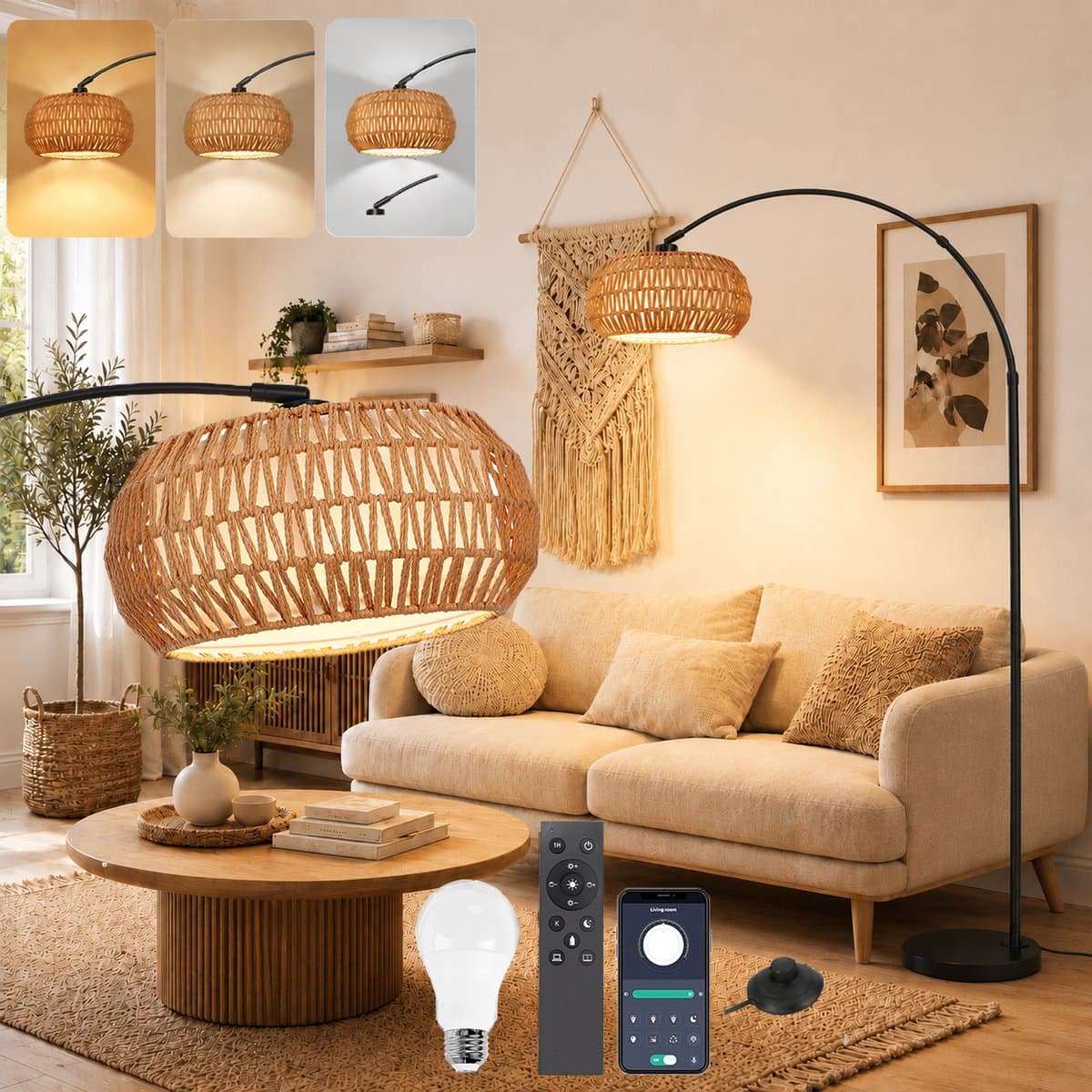 MUPOO Boho vloerlamp Booglamp met Rotan Kap met 360° draaibare arm & Marmeren voet- Hoogte Verstelbaar Staande Lamp met 3-in-1 Design & Traploos Dimbaar - Sfeerverlichting Woonkamer & Kantoor