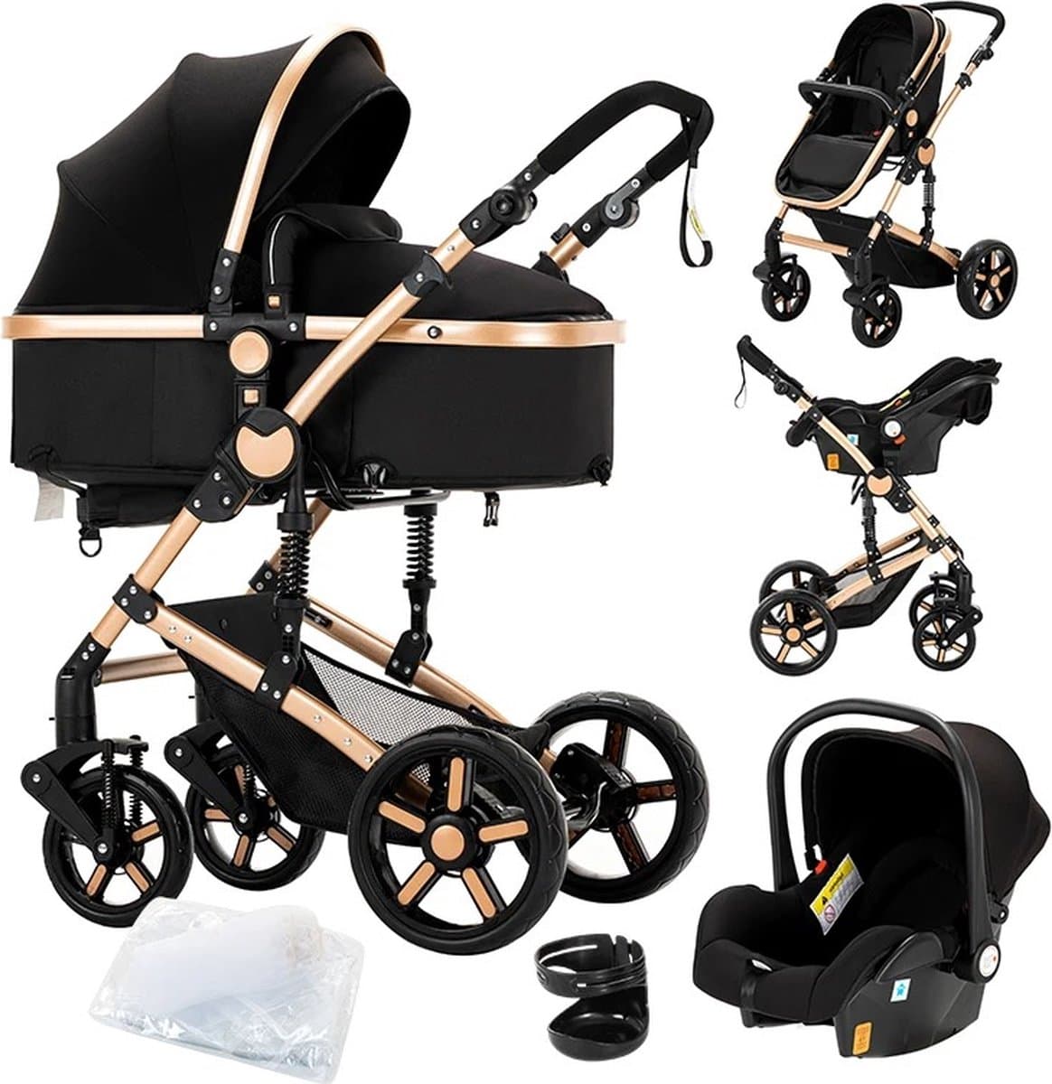 3 In 1 Kinderwagen - Luxe Buggy - Baby Autostoel - Inclusief Accessoires - Zwart / Goud - 42x45x103 cm. - afbeelding 1