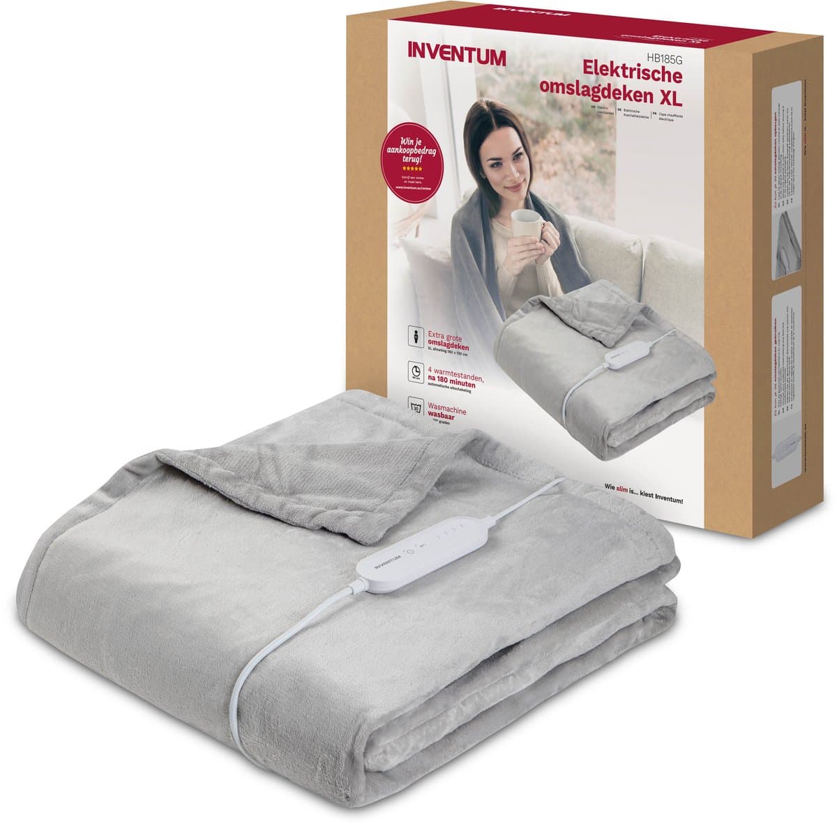 Inventum HB185G elektrische verwarmde bovendeken 180x130 cm - Eenpersoons - 4 warmtestanden - Uitwasbaar - Automatische uitschakeling - Fleece - Lichtgrijs