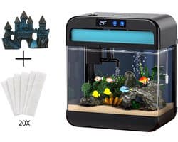 AquaImpact Zelfreinigend Aquarium 13 L – Blauw Kasteel - 20 Filters - Decoratie - Set met 3‑in‑1 Pomp - LED & Touch Display – Timer & Dim Functie - Incl. Luchtbevochtiger - Garnalen Aquarium