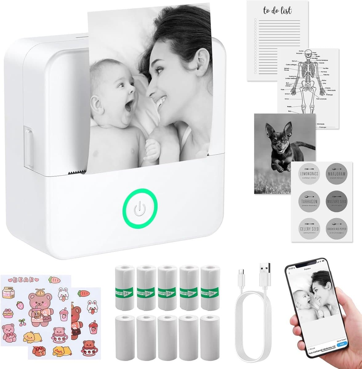 Mini printer voor mobiel – Bluetooth stickerprinter – Draagbare thermische printer zonder inkt – Voor foto’s, notities & labels – Inclusief zelfklevend papier