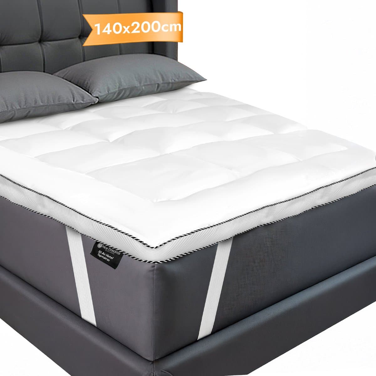 Nice Dreams® Topper 140x200 – Luxe 3D Air Hotel Topmatras – Zachte & Orthopedische Topdekmatras – Wasbaar & Anti-Allergisch – Met Elastische Hoeken – Wit – Tweepersoons