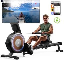 Productfoto van MERACH Elektronische Roeitrainer - 16 Weerstandsniveaus - Zelfopwekkend - Dubbele Glijrails - LCD-display - 90% Voorgemonteerd - Tabletstandaard - Kinomap App - 158 kg - Verticaal Opbergen - Stil