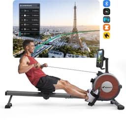 Productfoto van MERACH Smart Roeitrainer met 15.6" HD Scherm - Magnetische Roeifietser met 16 Weerstanden - Stil Dubbel Railsysteem - Max 158 kg - Bluetooth App