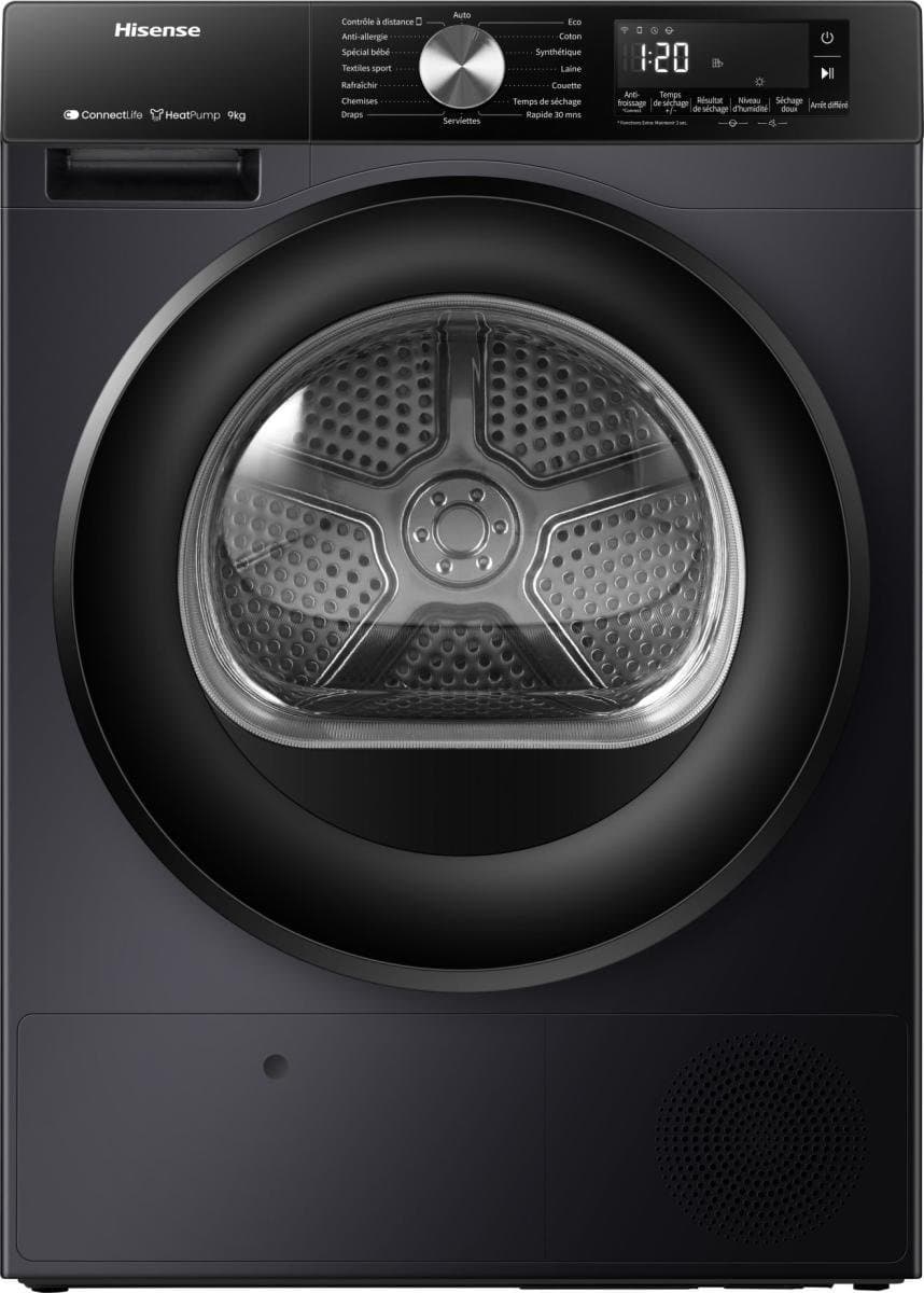 Hisense DH3S902BBCC - Condensdroger - 9 kg - Vrijstaand - Voorbelading - Warmtepomp - Zwart - Draaiknop - TouchControl - 63 dB(A) - Ion Refresh - Allergy Care - Auto Dry