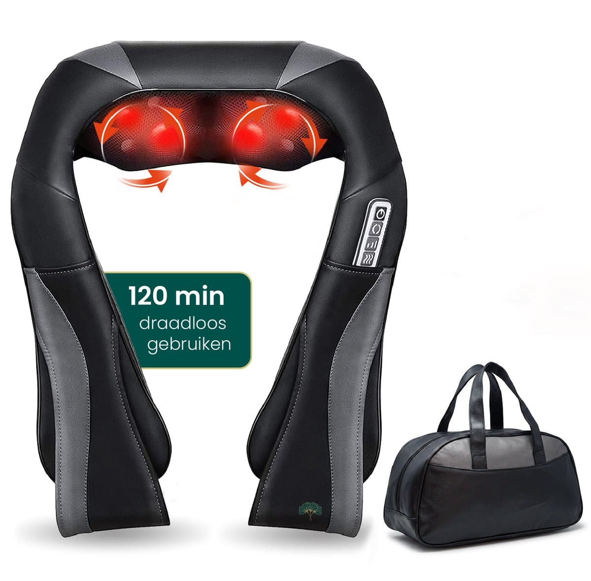 Gingko® Zen Shiatsu Massagekussen - Nekmassage Apparaat Draadloos - Infrarood Warmtefunctie - Elektrisch - Rugmassage Apparaten voor Nek, Schouder, benen, voeten, buik - 8 Massagekoppen met Infrarood - 1,5 uur gebruik - Luxe Opbergtas - Zwart/Grijs