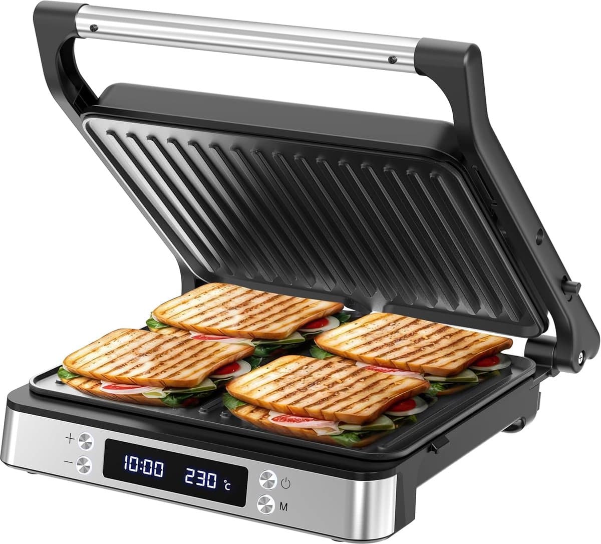 Tosti Apparaat XL - Panini Grill - Grote Tosti's Maken - PFAS Vrij - Voor 4 Tosti's - Silver